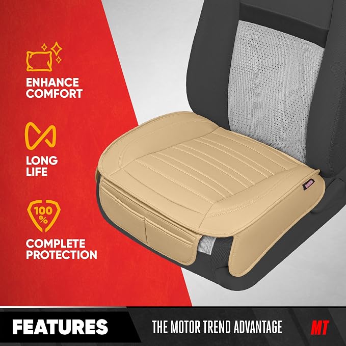 Motor Trend Seat Covers for Cars Trucks SUV, Faux Leather Beige Padded Seat Covers with Storage Pockets, Premium Interior Car Seat Cover, 2 x Front Seat Covers - Image 2