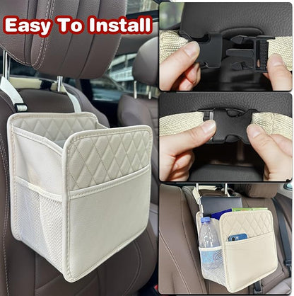 Witaxima Upgrade Car Seat Organizer Backseat with Storage Pockets, Multipurpose Car Organizer Hanging, Car Trash Bag Can,Premium PU Leather Garbage Can 2.14 Gallon Large Capacity Accessories Beige - Image 6