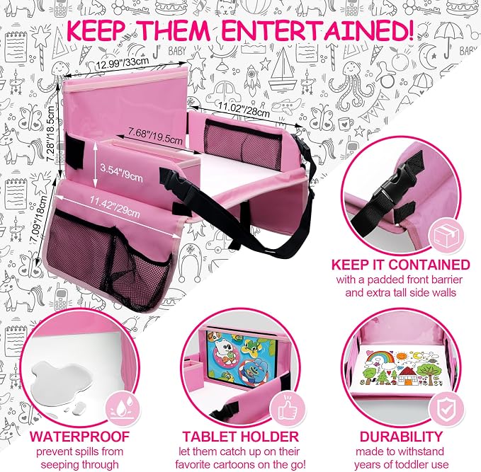 Car Seat Tray for Kids Travel, Carseat Tray for Toddler Road Trip Activities, Car Trays for Kids Road Trip Essentials, Travel Trays for Airplane, Toddler Car Seat Lap Table - Pink - Image 7