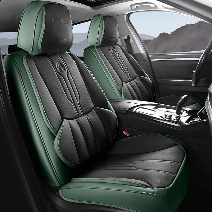 Car Seat Covers Custom Fit for Ford F150 2009-2026,Faux Leather Seat Cover Set for 2017-2026 F250 F350 F450, Accomodating Regular Cab Super Cab Super Crew Pickup Truck Cushions(BlackGreen,Full Set) by AOOG