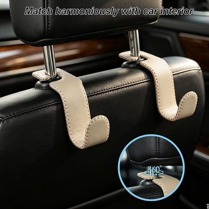 Car Headrest Hooks, Universal Car Seat Back Organizer Hanger, Premium Leather & Metal Construction, Multipurpose for Handbag, Purse, Coat, Ergonomic Design, 2 Pack Beige - Image 2