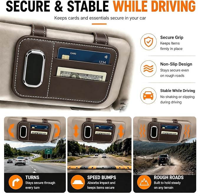 Car Visor Glasses Clip - PU Leather Card Holder,Double Clips | Slim Profile,Quick Access,Secure Hold,Vehicle Sunglasses Storage,Parking Pass,ID Card,Cash & Receipt Organizer - Image 7