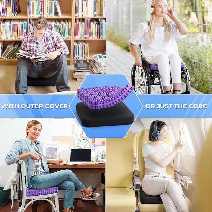 TushGuard Gel Seat Cushion for Long Sitting, Breathable Thick Patent Design | Enlarged Cooling Chair Pad for Office Chair, Wheelchair, Desk Chair, Supportive Car Cushion (Standard, Black+Violet) - Image 7