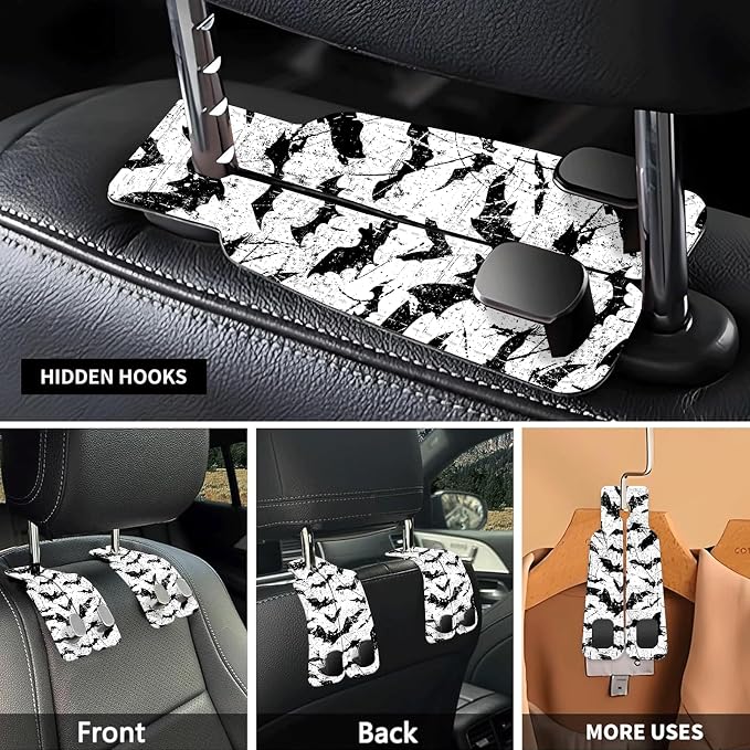 Car Seat Headrest Hook, Universal Leather Cute Hanger Holder Hook, Storage Organizer Interior Accessories for Purse Bags Handbag Black White Bats - Image 3