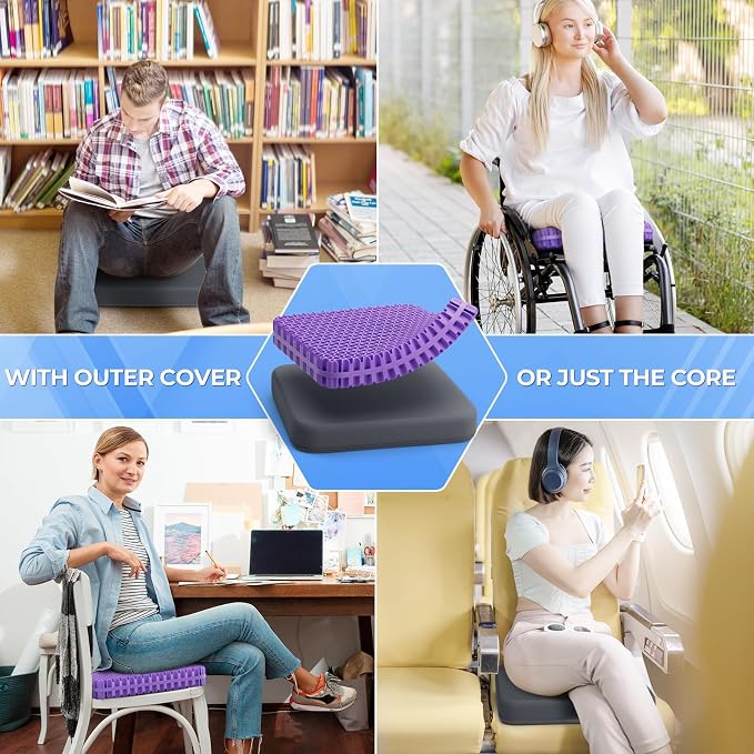 TushGuard Gel Seat Cushion for Long Sitting, Breathable Thick Patent Design | Enlarged Cooling Chair Pad for Office Chair, Wheelchair, Desk Chair, Supportive Car Cushion (Standard, Grey+Violet) - Image 6