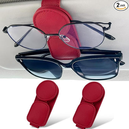 KIWEN 2 Pack Sunglasses Holder for Car Visor, Magnetic Leather Sunglass Eyeglass Hanger Clip for Car Sun Visor Accessories (2, Red) by KIWENDirect