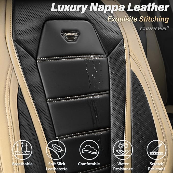 CAR PASS Nappa Leather Car Seat Covers Full Set Faux Leather, Black Beige | Luxury Nappa Leather,360° Full Protection,Water resistant,3D Foam Comfort,Universal Fit for Most Cars SUV Truck,Scratch proof - Image 4
