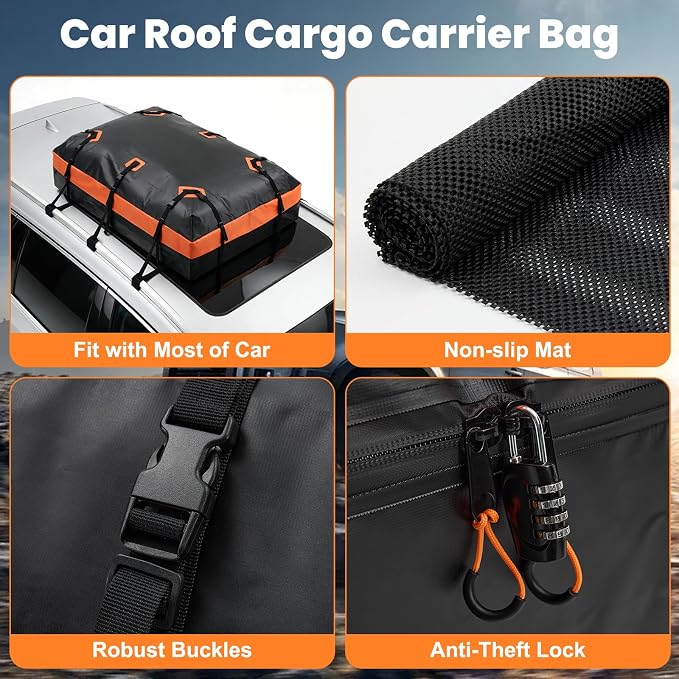 DUMOS Car Roof Bag Cargo Carrier Waterproof 15 Cubic Feet for All Vehicles | Rooftop Bag with Anti-Slip Mat, Combination Luggage Lock, Reinforced Straps & Door Hooks, Fit Vehicles with/without Roof Rack - Image 6