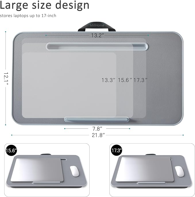 Lap Desk with Cushion, Fits up to 17 inch Laptop, Pillow Designed, Portable Laptop Stand with Tray, Pad & Phone Holder, Home Office for Bed/Couch/Car/Reading/Writing, MillHome (Gray) - Image 6