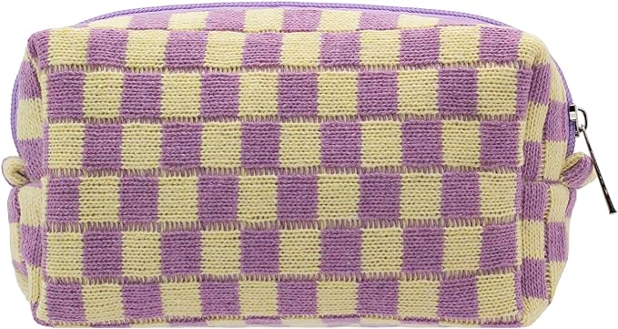 PAZIMIIK Checkered Makeup Bag for Purse Portable Zipper Make Up Pouch Small Cosmetic Case for Travel Accessories (Purple) | Cute Zipper Makeup Organizer for Women, Travel Essentials, Toiletries, Makeup Brushes, Beauty Accessories&Bridesmaid Gifts by PAZIMIIK