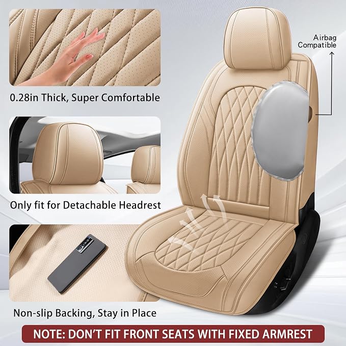 WELLDO Nappa Faux Leather Car Seat Covers Full Set, 5Seats,Beige | Eazy to clean,Easy to install ,Waterproof, Non-Slip,Scratch-resistant, Universal Fit for Most Cars, SUVs, Pickup Trucks - Image 3