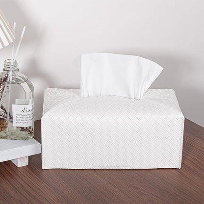Tissue Box Cover Short Rectangle Leather Facial Paper Holder, White | PU Leather，Easy to Fill, Easy Clean, Decorative Cube Tissue Box Holder for Office, Bathroom,Kitchen, Living room, Guest room - Image 2