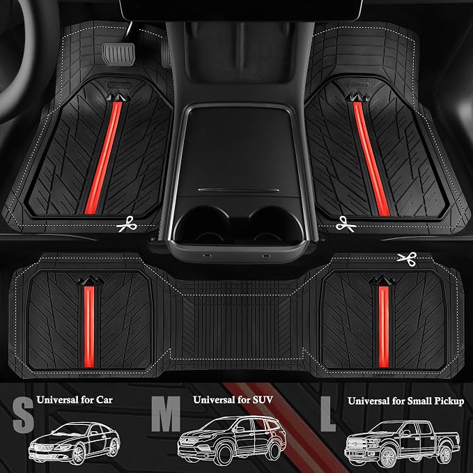 CAR PASS Rubber Floor Mats for Cars, Car Mats Full Sets DeepDish,Universal S~L Size Trim-to Fit Automotive Floor Mat for Truck Van SUV, Heavy Duty Waterproof All-Weather Floor liners Durable Black Red - Image 4