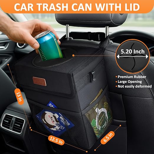 Vankor Car Trash Can with Lid Leak Proof Car Accessories for Women | 4.2 Gallon Cute Hanging Car Trash Bin for Men Car Truck Vehicle Sedan SUV Interior Automotive Garbage Cans, Black - Image 2