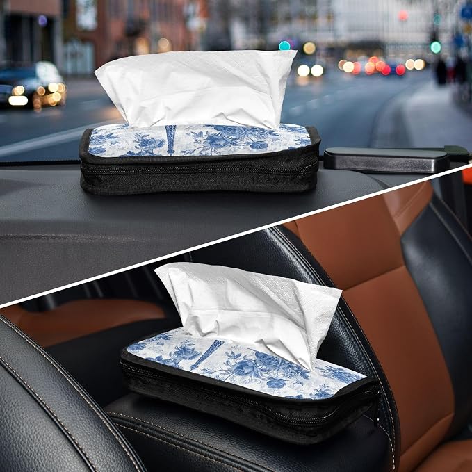 Car Tissue Holder Car Napkin Holder Car Tissue Box Dispenser Storage Case Sun Visor Mask Holder with Adjustable Straps Reusable Refillable Blue Roses and Eiffel Tower - Image 8
