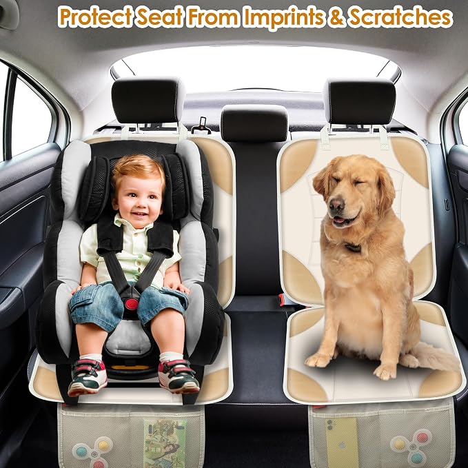 Sinvitron Car Seat Protector for Child Car Seat - Waterproof Non-Slip Leather Mat with 2 Mesh Pockets, Universal Seat Cover for Baby, Pets & Vehicles(2-Pack,Off-White) - Image 7