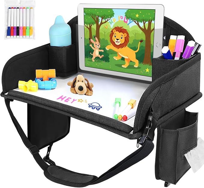 Kids Travel Tray for Toddler Car Seat, Road Trip Activities for Kid | Road Trip Essentials Accessories Lap Tray with iPad Holder Stand & Dry Erase Board as Travel Gifts for Kid,Black by WENRENER