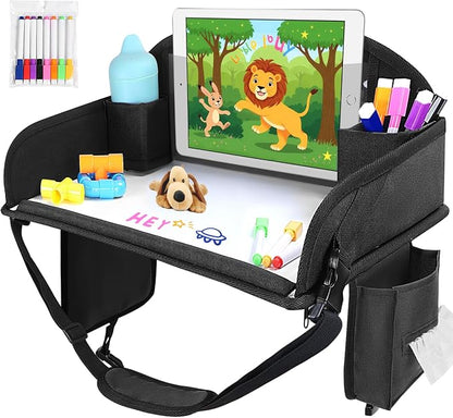 Kids Travel Tray for Toddler Car Seat, Road Trip Activities for Kid | Road Trip Essentials Accessories Lap Tray with iPad Holder Stand & Dry Erase Board as Travel Gifts for Kid,Black by WENRENER