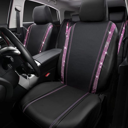 CAR PASS Bling Diamond Car Seat Covers Full Set, Shining Rhinestone Waterproof Faux Leather, Rear with Zipper, Universal Fit Automotive Glitter Crystal Sparkle Strips for Women Girl, Black Pink - Image 9