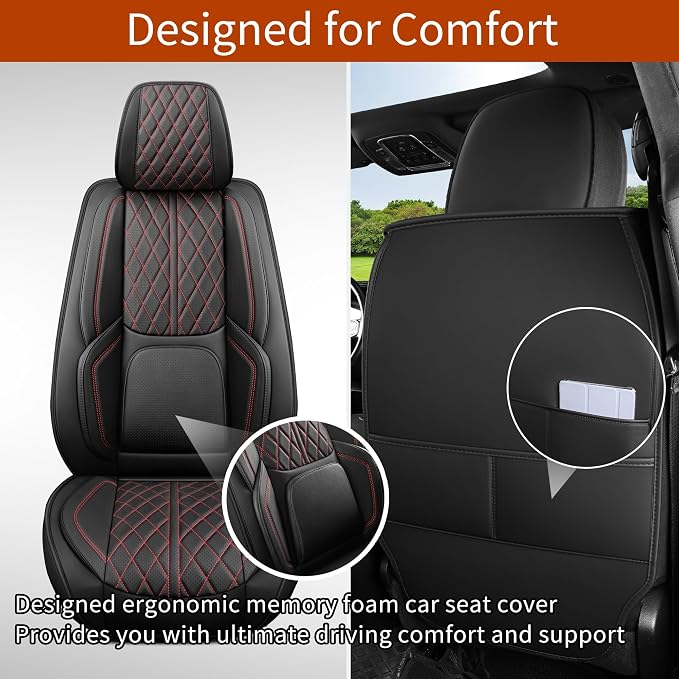 Custom Fit Chevy Silverado GMC Sierra 1500 2007-2026 2500/3500 HD Crew Cab Full Set Car Seat Covers - 5 Pack, Premium Faux Leather Truck Seat Protector with Airbag Compatible Design, BlackRedLine - Image 4