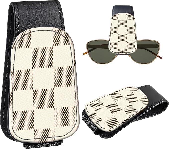 Leather Magnetic Sunglass Holder for Car Sun Visor, Cute Eyeglass Ticket Card Hanger Clip, Universal Auto Interior Accessories for SUV Pickup Truck, Beige Checkered by Unknown