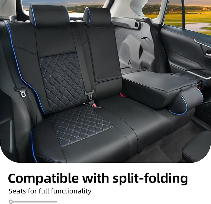 Lolcar RAV4 Seat Covers Custom Fit for Toyota RAV4 2019 2020 2021 2022 2023 2024 2025 LE,XLE,XLE Premium,Limited,Airbag Compatible,Seat Cover Full Set for SUV, Leather（ Black with Blue Trim） - Image 6