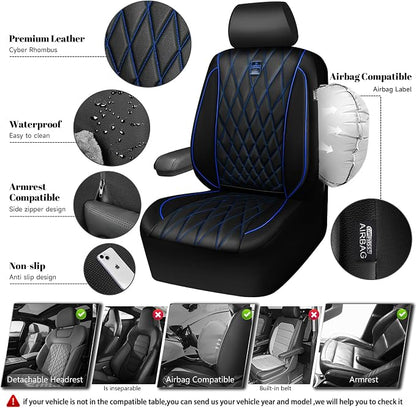 CAR PASS Piping Luxury PU Leather Two Front Car Seat Covers,Waterproof Anti- Slip Seat Covers Compatible with Front Seat Armrests,Universal Fit for Suvs,Vans,Trucks,Airbag Compatible(Black and Blue) - Image 3