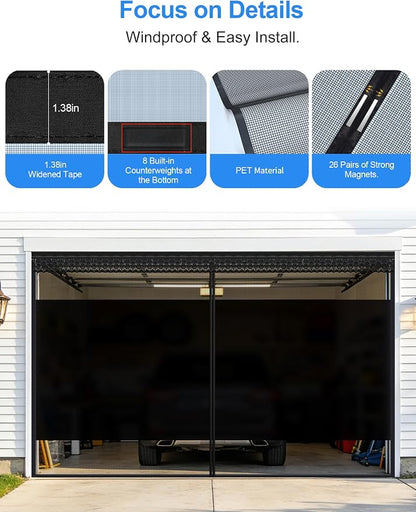 Privacy Garage Door Screen for 2 Car Garage 16x7ft - Retractable Slide Track System, Heavy Duty PET Mesh with Blackout Privacy Panel, Magnetic Closure, Keeps Bugs Out, Fits Garage Opening 16 x 7 Ft - Image 7