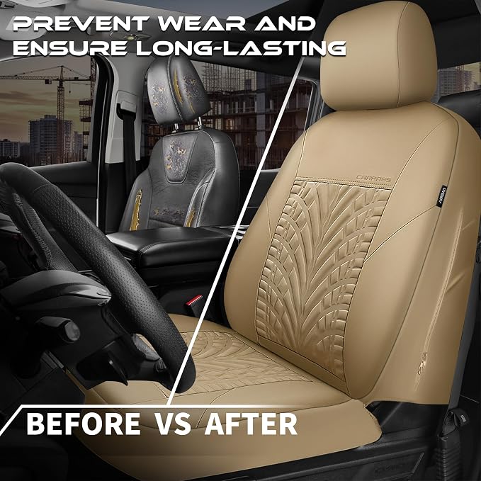 CAR PASS Neoprene Waterproof Seat Covers Full Sets, Wetsuit Car Seat Covers 5 Seats Universal Fit for Vans, Truck, SUV, 3D Tyre Embossed Seat Covers Anti Slip with Armrests, Aibag Compatible All Beige - Image 6