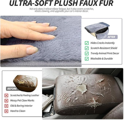 Plush Fuzzy Fur Car Armrest Cover with Side Pockets,Grey | Fluffy Armrest Cushion Pad,Soft Center Console Cover,Car Interior Storage Accessories ,for Most Car Decoration Protector - Image 4