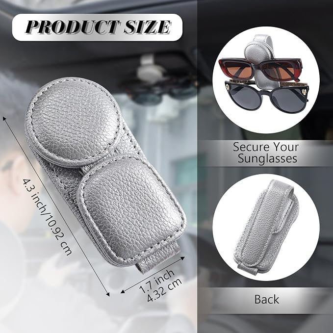 Konohan Sunglasses Holder for Car Visor Leather Eyeglass Hanger Magnetic Sunglasses Holder with 2 Clips(Silver Pearl) - Image 2