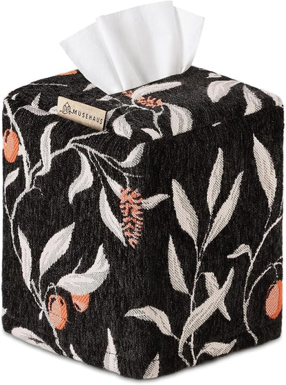 Chenille Tissue Box Cover - Vintage Farmhouse Decor, Black Leaf | Tissue Box Cover Square, Cube Tissue Holder, 4.5x4.5x5.5 in, Home, Living Room, Bathroom, Bedroom, Office, Vanity, Car Decor by MuseHaus