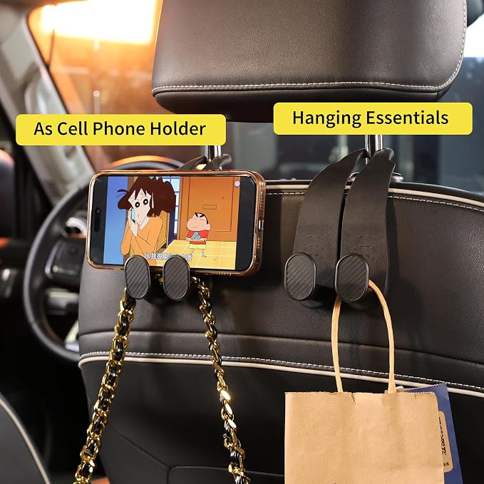 WEIHAO Purse Hook for Car Headrest, Silicone Car Seat Back Storage Hook, Twin Hooks Carbon Fiber Textured Car Headrest Hangers, Bag Holder for Sedan, Trucks, SUVs, Most Vehicles (Black-2PCS) - Image 2