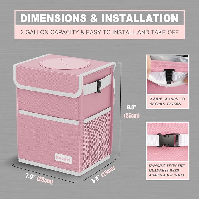 K KNODEL Car Trash Can with Lid, Car Garbage, Bin and Bag (Pink, Medium) | Waterproof Car Garbage Can with Liner, Hanging Trash Bag for Car, Suv, Van, Truck - Image 2