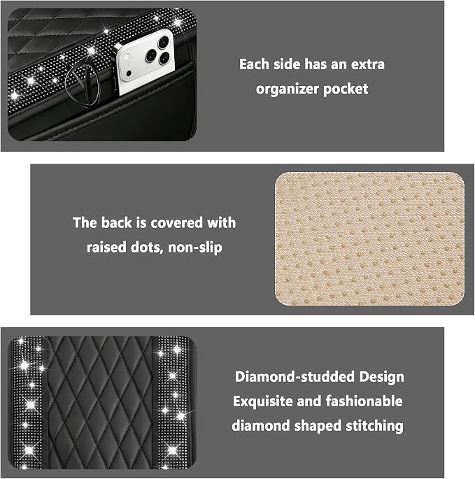 Stacool Upgraded Car Center Console Cover with Rhinestones,Microfiber Leather Car Armrest Cover Cushion with 2 Storage Bags,Universal Cars Armrest Storage Box as Cars Interior Accessories - Image 3