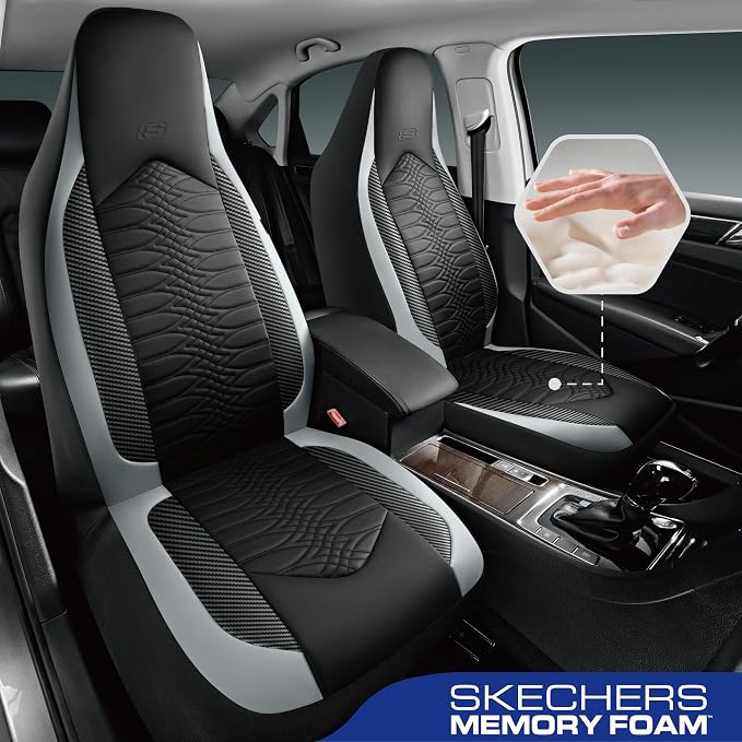 Skechers Memory Foam Car Seat Covers, Leather High Back Seat Covers Quilting Design,Waterproof Sports Car Seat Covers Front Seats,Airbag Compatible, Universal Fit for Most Cars, SUVs,Trucks,Gray - Image 2