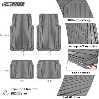 CAR PASS Heavy Duty Sporty Rubber Car Mats, Deep Dish All Weather Car Floor Mats Full Set, Waterproof Anti-Slip Automotive Matts Rugs Trim to Fit for Most Sedans SUVs Vans, 4-Piece All Gray - Image 4