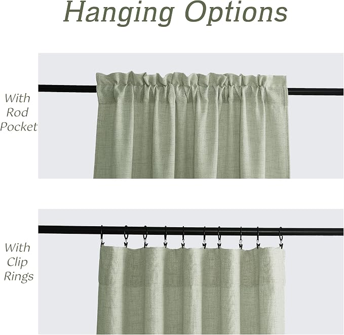 RYB HOME Linen Semi Sheer Curtains 72 inches Long for Living Room | Light Filtering, Half Privacy, Sage Green, Window Curtains & Drapes for Bedroom, W52 x L72, 2 Panels Set - Image 4