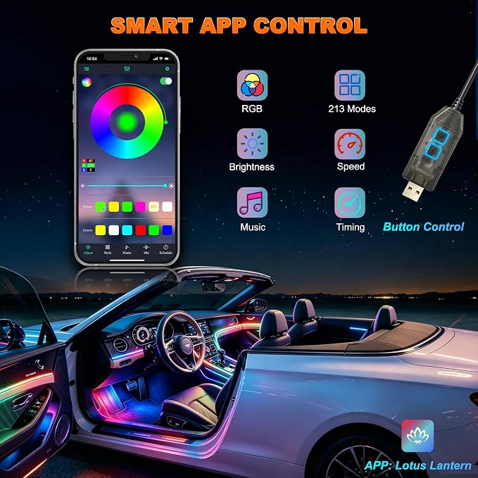 Jushope Interior Car LED Strip Lights, USB Car Ambient Lighting (10 in 1) | Dynamic Dream-color Chasing Wireless APP Control Music Sync Flexible Acrylic LED Lights for Car - Image 3