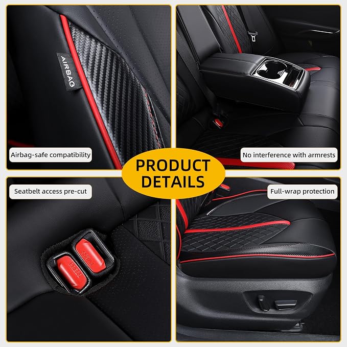 Custom Camry Seat Covers for 2018-2024 Toyota Camry Gasoline - Black+Red | Waterproof Faux Leather Full Coverage, Car Seat Protectors Full Set, Fit Toyota Camry LE SE SE Nightshade, Airbag Compatible - Image 6