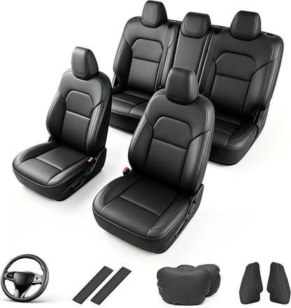 AOMSAZTO Seat Cover for Tesla Model 3 2024-2025(Not Performance) | Faux Leather,Waterproof,Airbag Compatible,5-Pieces Set with Seatbelt,Steering Wheel Covers,Side Bolster Cover&Headrests-Black by AOMSAZTO