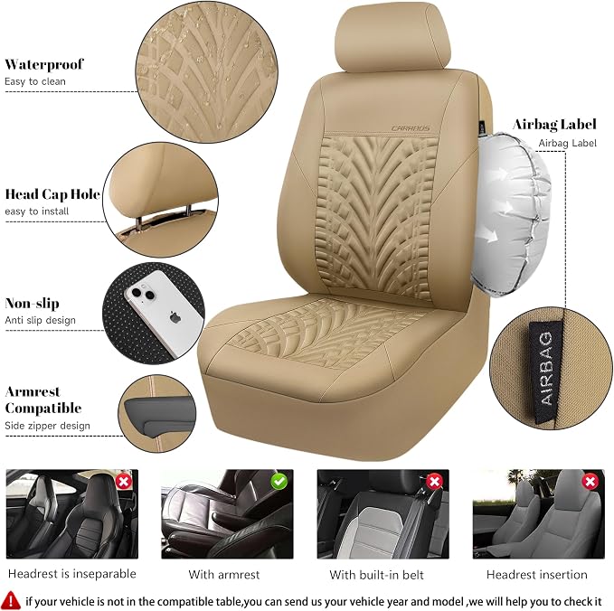 CAR PASS Neoprene Waterproof Seat Covers Full Sets, Wetsuit Car Seat Covers 5 Seats Universal Fit for Vans, Truck, SUV, 3D Tyre Embossed Seat Covers Anti Slip with Armrests, Aibag Compatible All Beige - Image 3