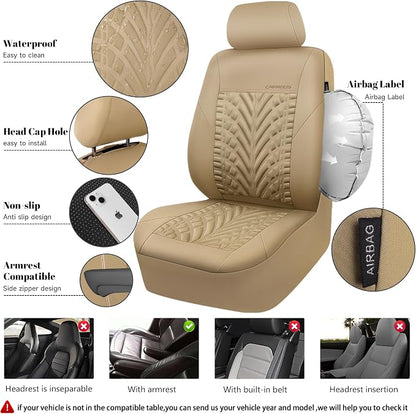 CAR PASS Neoprene Waterproof Seat Covers Full Sets, Wetsuit Car Seat Covers 5 Seats Universal Fit for Vans, Truck, SUV, 3D Tyre Embossed Seat Covers Anti Slip with Armrests, Aibag Compatible All Beige - Image 3