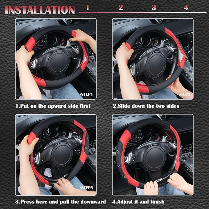 CAR PASS Line Rider Microfiber Leather Sporty Steering Wheel Cover Universal Fits for 95% Truck,SUV,Cars,14.5-15inch Anti-Slip Safety Comfortable Desgin (Black-Red) - Image 4