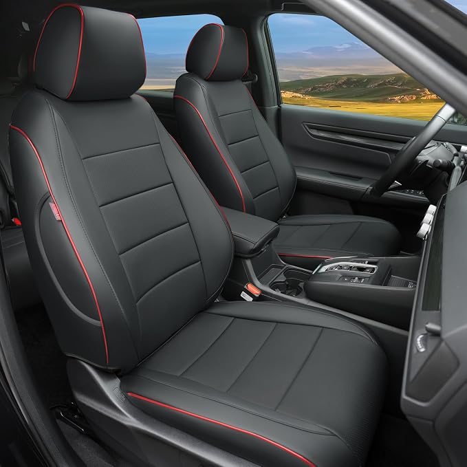 Lolcar CRV Seat Covers Custom Fit for Honda CRV 2023 2024 2025 2026 Leather Car Seat Cover Full Set for Trucks SUV,Waterproof Car Seat Cushion,Faux Leather (Black with red Trim) by LOLCAR