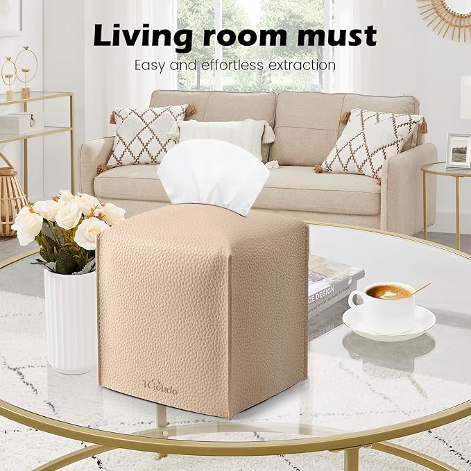 Tissue Box Cover, Tclouda, Modern PU Leather Square Tissue Box Holder for Creative Decorative, 2 Pack, Ideal for Bathrooms/Office/Car/Nightstand/Outdoor Tent/Dining Table, 5"X5"X5", Double Beige - Image 3