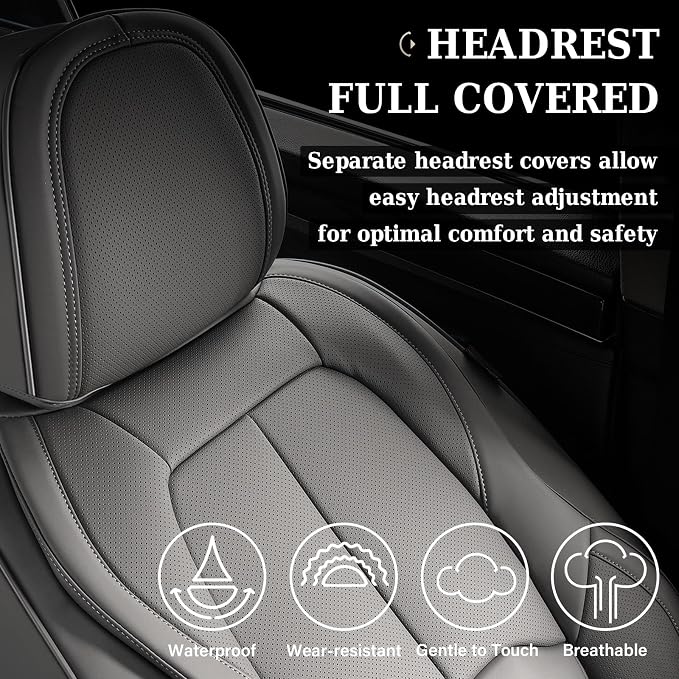 Coverado Car Seat Covers Full Set, Premium Nappa Leather Seat Covers for Car, Waterproof Car Seat Protector with Lumbar Support, Automotive Seat Covers Universal Fit for Most Cars SUV Truck(Gray) - Image 5