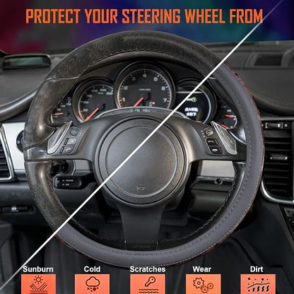 CAR PASS Wood Grain Microfiber Leather Steering Wheel Cover, Universal Fit for 14 1/2-15 inch Gray Steering Wheel, Anti-Slip Veins Design,Cars, Suvs,Minivans, Sedans (Gray) - Image 2