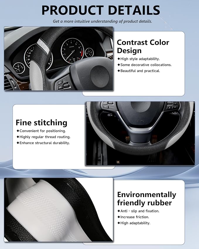 Steering Wheel Cover for Men Women Leather Universal Steering Wheel Covers for Car 15inch (Gray) - Image 5