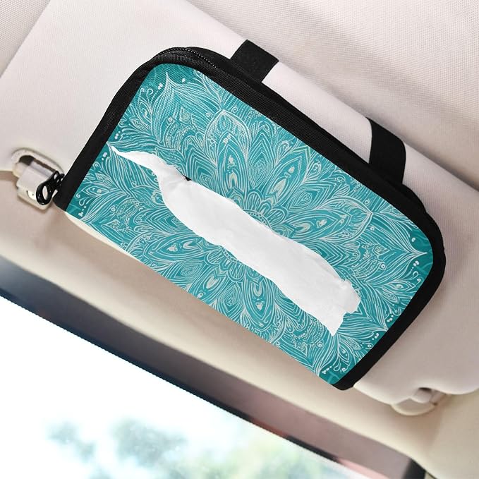 Car Tissue Holder Car Napkin Holder Tissue Box Dispenser Storage Case Sun Visor Mask Holder Accessories with Adjustable Straps Reusable Refillable Vintage Turquoise Mandala - Image 7